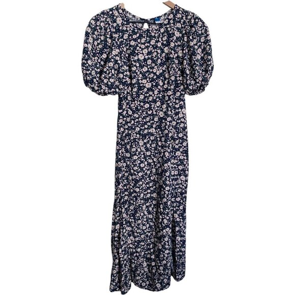 Old Navy Womens Puff Sleeve Midi Dress Size Navy Floral Side Slit Smocked S - Picture 5 of 8